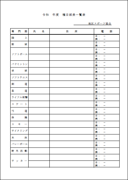 地区体協専門部長一覧表